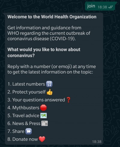 В WhatsApp появился официальный чат-бот ВОЗ, который рассказывает всю правду о коронавирусе